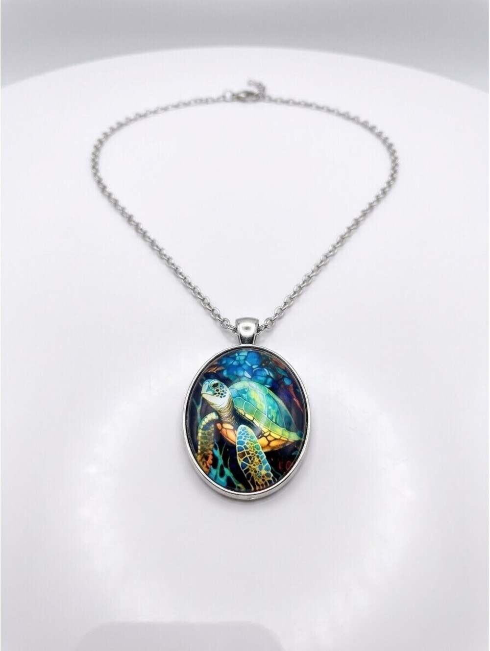 Ocean Sea Turtle Oval Glass Cabochon Pendant Silver Chain Necklace